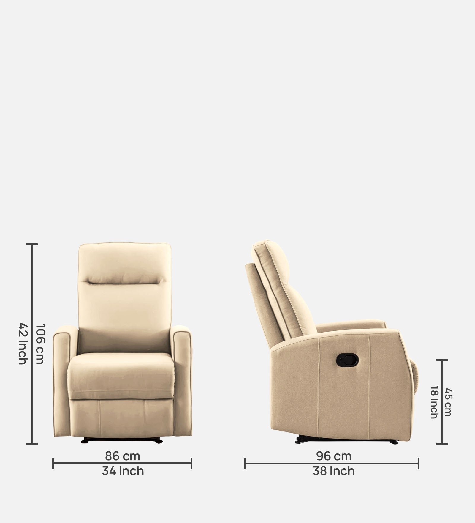 Logan 1 Seater Motorized Fabric Recliner - Ivory Cream - Dimensions by Febonic Living