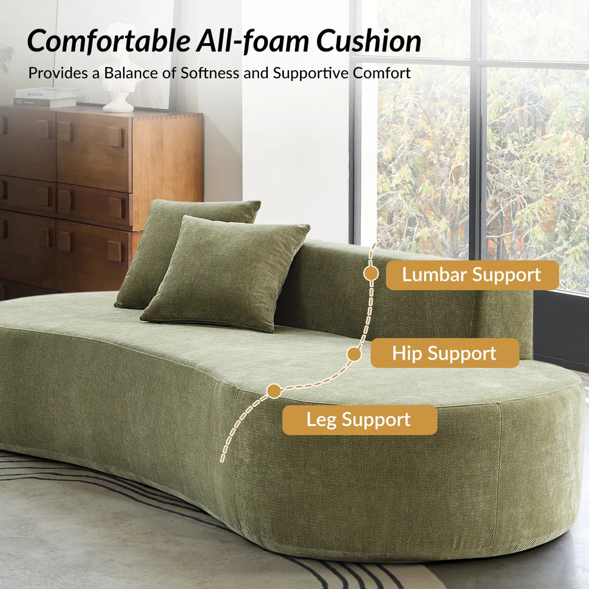 Lorvi Fabric Fabric 4 Seater Curved Sofa In Herb Green Colour