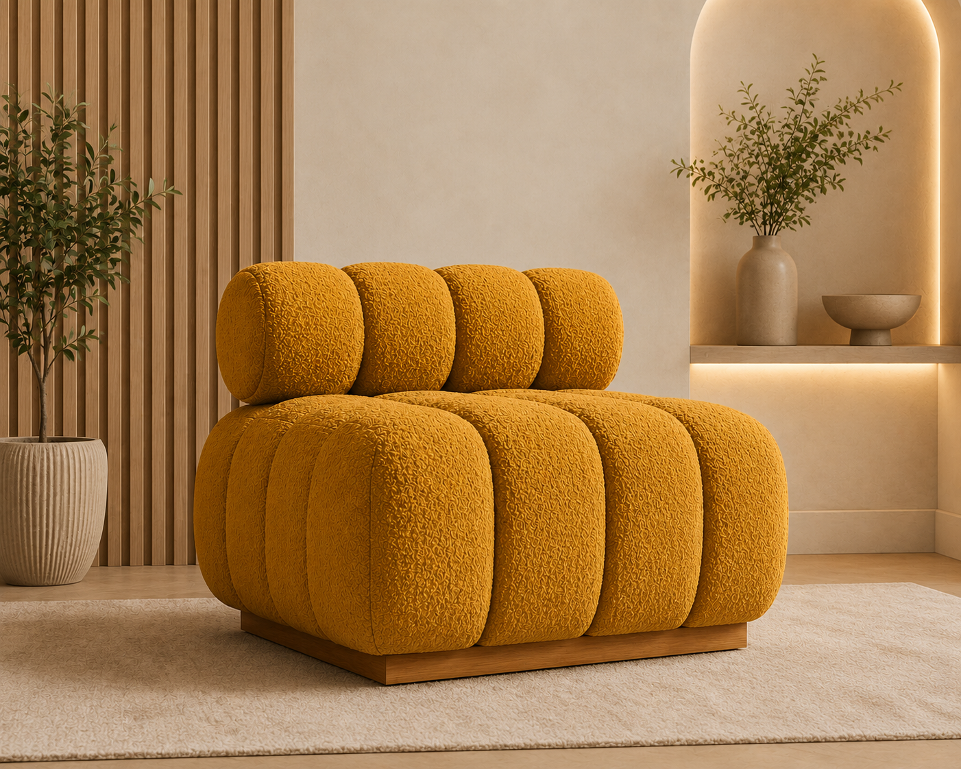 Luna Bouclé Accent Lounge Chair with Solid Wood Base - Mustard Yellow - Living View 1 by Febonic Living