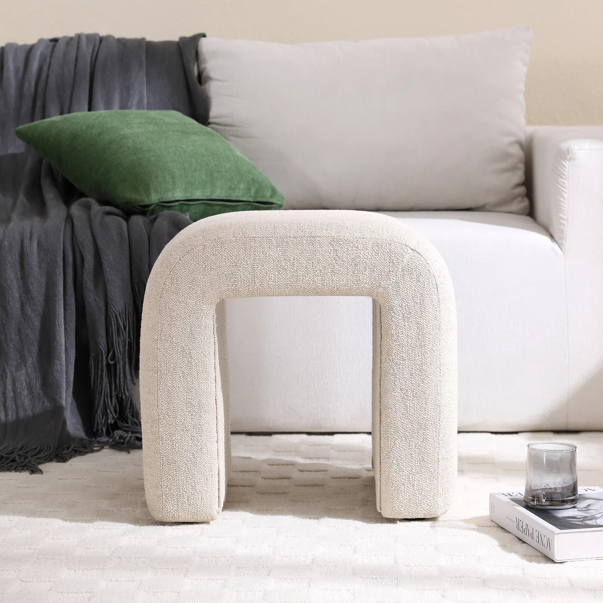 Lunar Boucle Fabric Pouffe In Shell White Colour