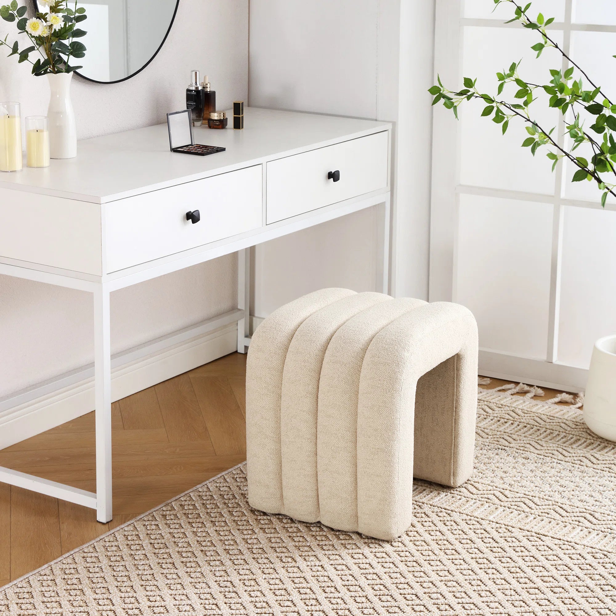 Lunar Boucle Fabric Pouffe In Shell White Colour