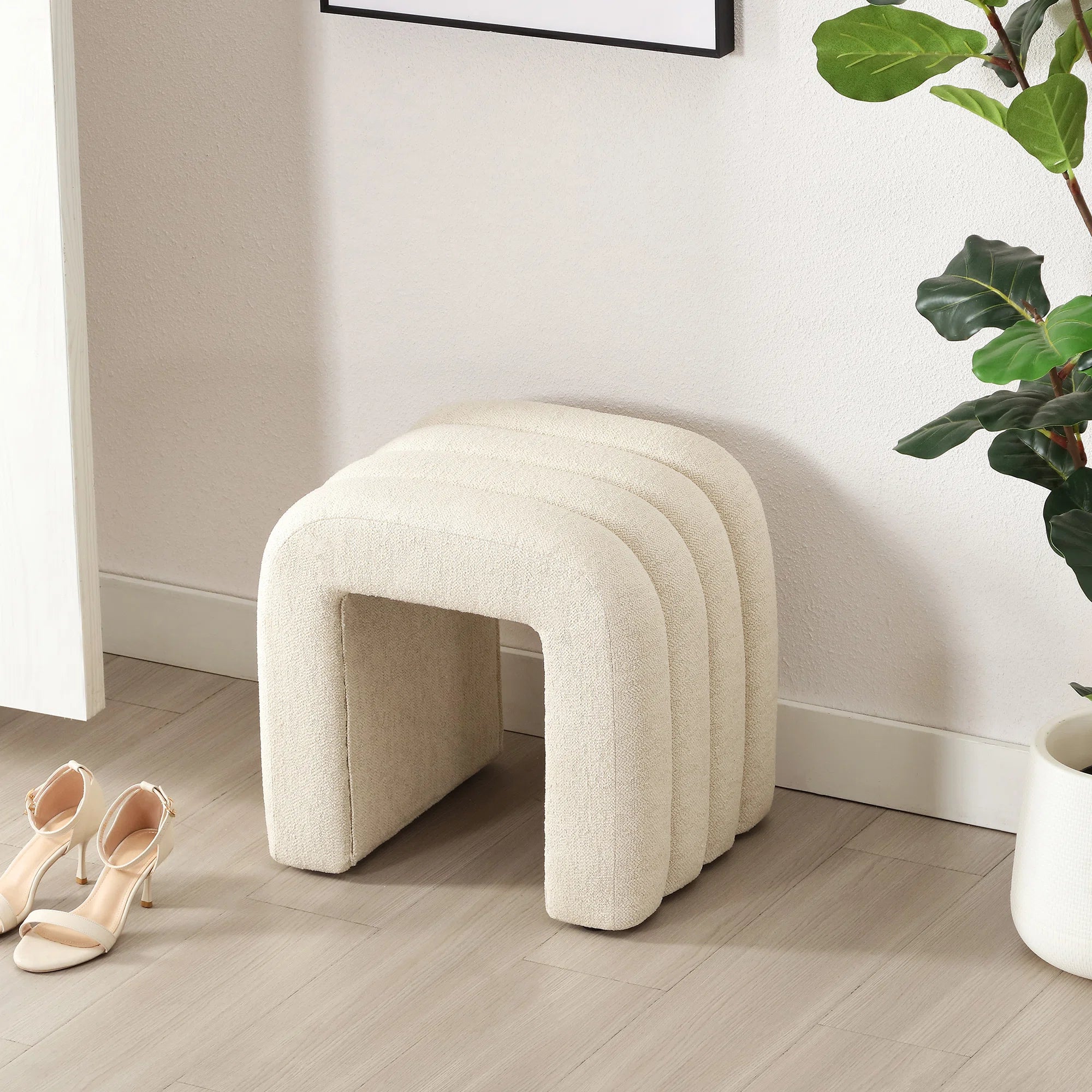 Lunar Boucle Fabric Pouffe In Shell White Colour