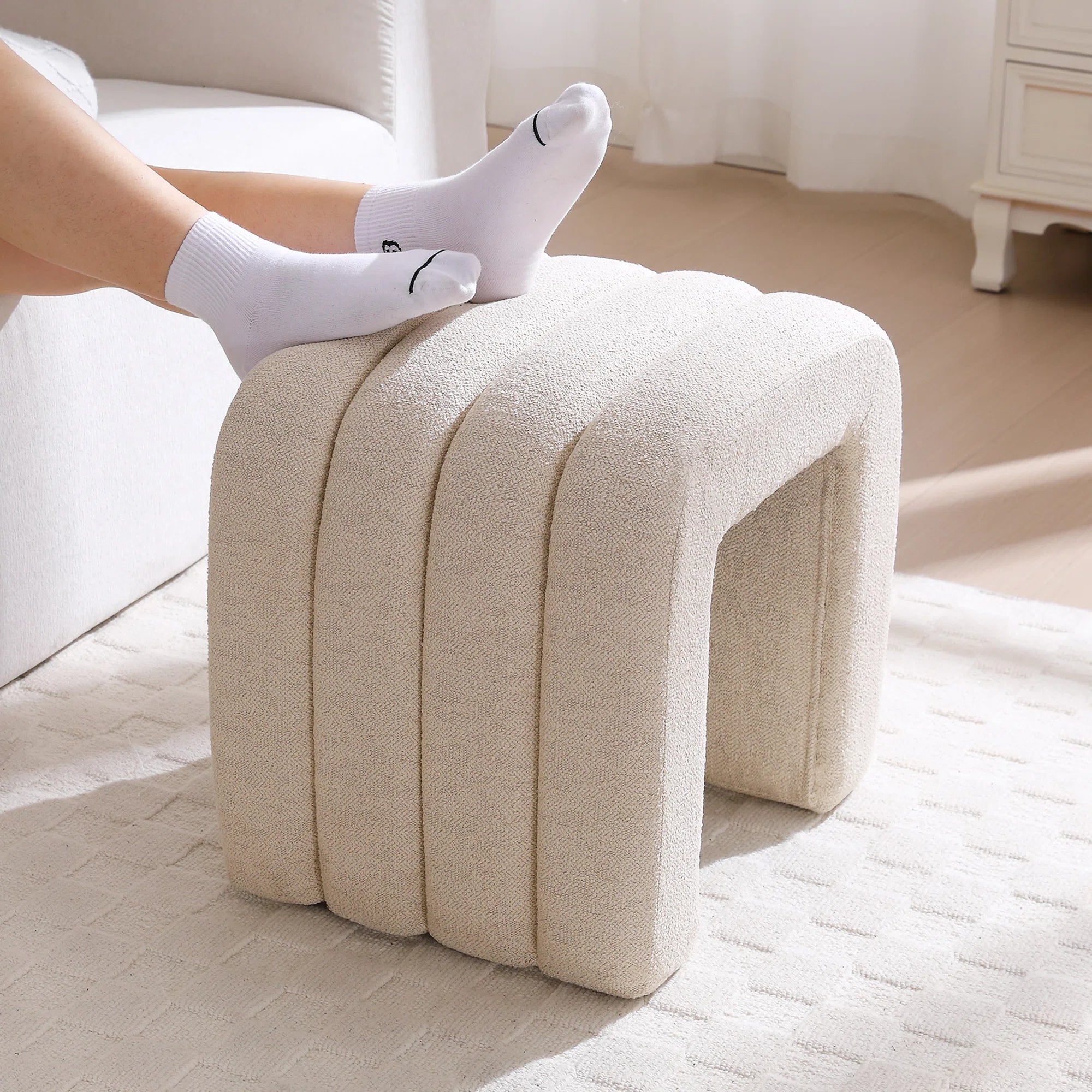 Lunar Boucle Fabric Pouffe In Shell White Colour