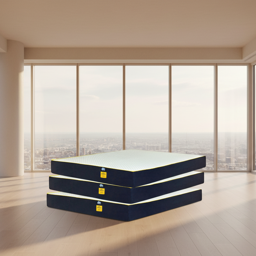 Stack of mattresses with a red outline of a house on a white background