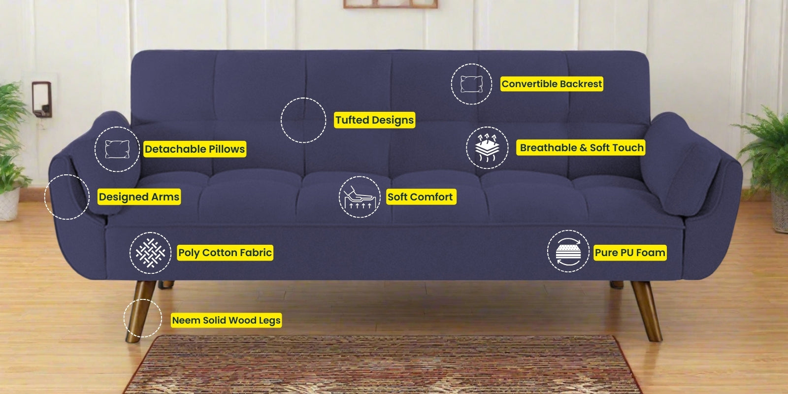 Melano Fabric 3 Seater Convertible Sofa Cum Bed In Slate Blue Colour - Febonic Living