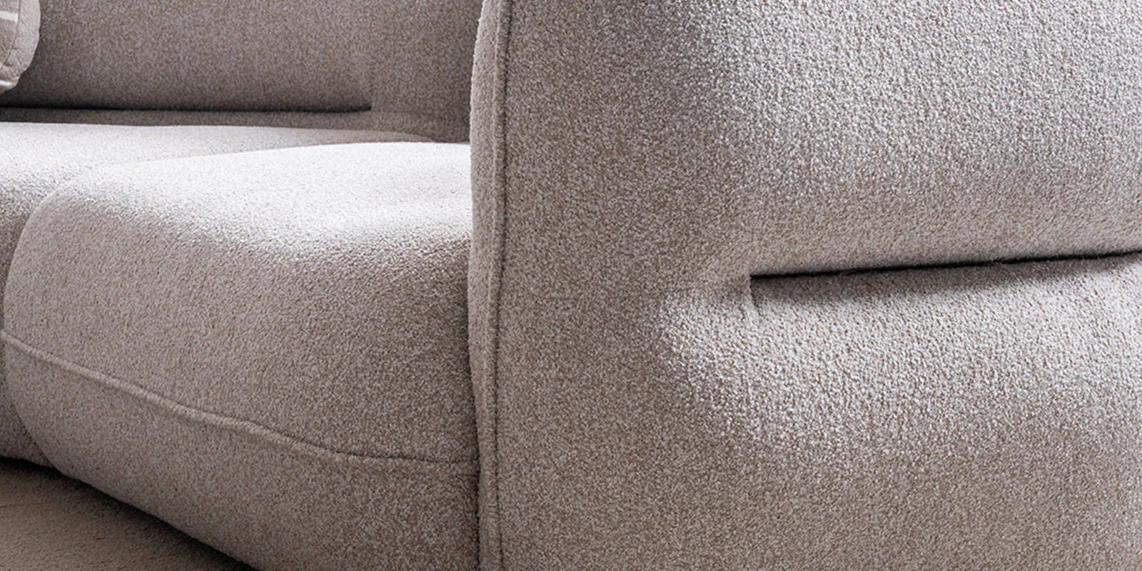 Madox Boucle Fabric 4 Seater Curved Sofa In Macy Grey Colour