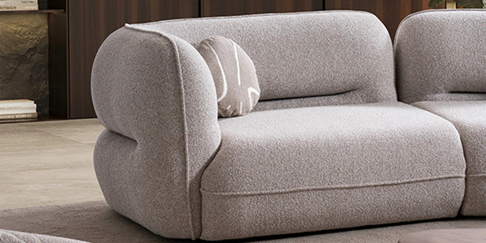Madox Boucle Fabric 4 Seater Curved Sofa In Macy Grey Colour