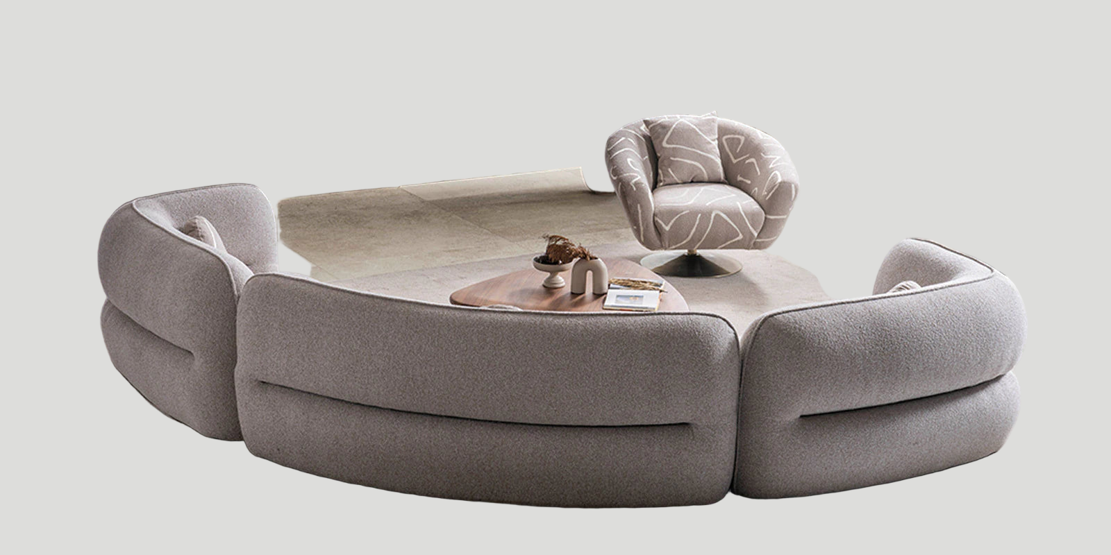 Madox Boucle Fabric 4 Seater Curved Sofa In Macy Grey Colour