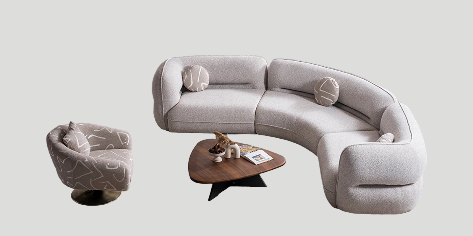 Madox Boucle Fabric 4 Seater Curved Sofa In Macy Grey Colour