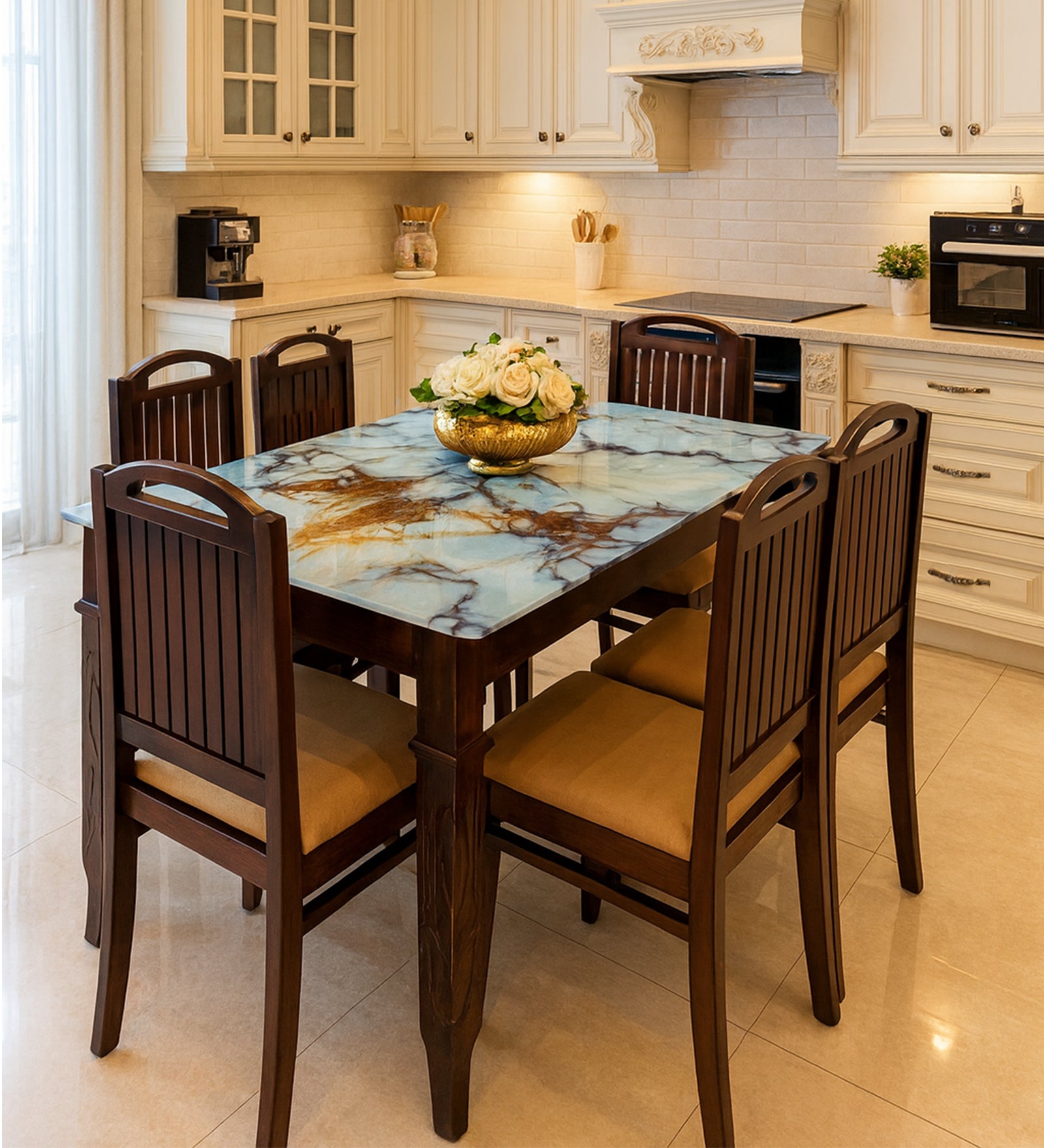 Makona Sheesham Wood 6 Seater Dining Set in Dark Oak Colour With Marble Top