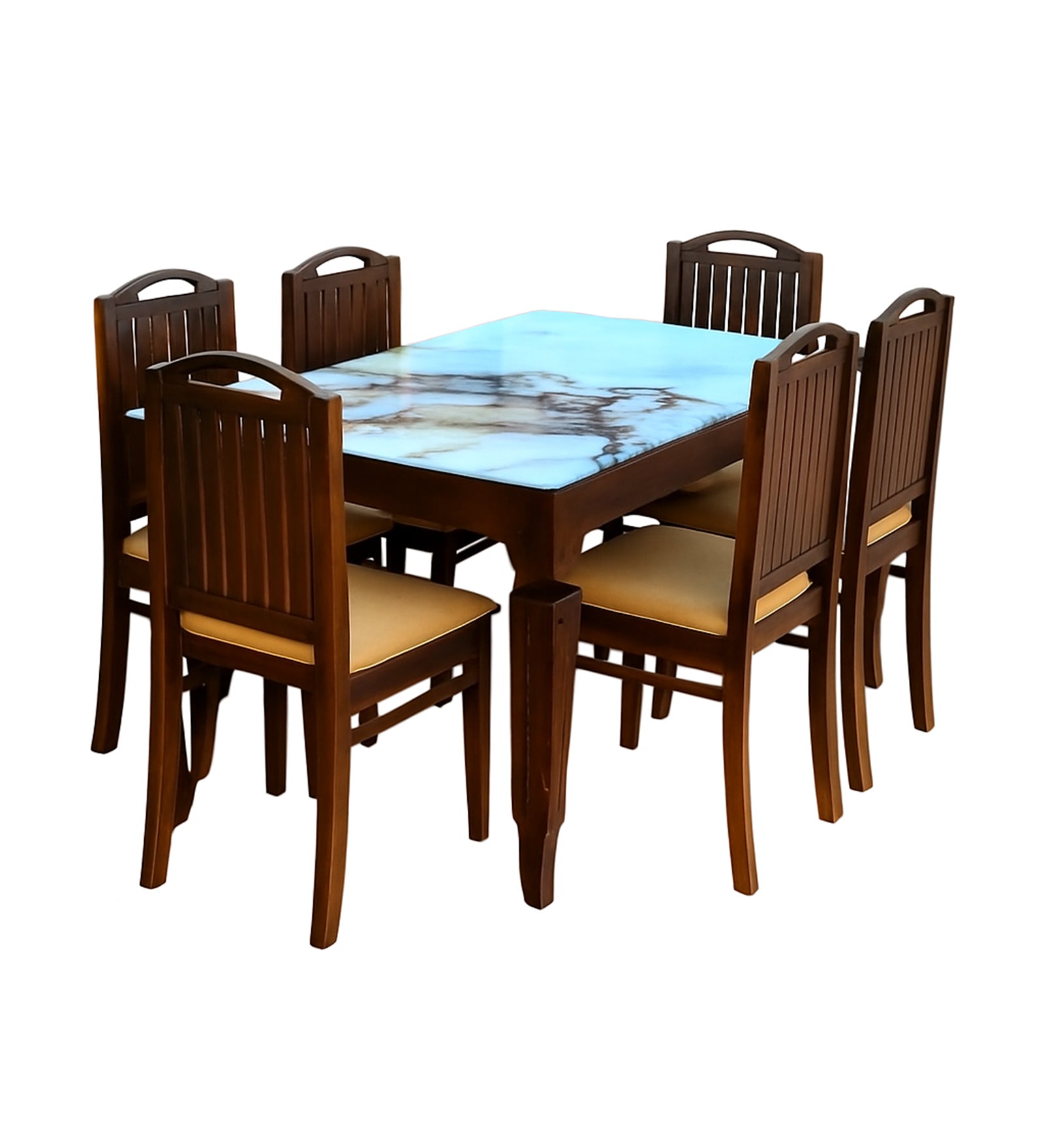 Makona Sheesham Wood 6 Seater Dining Set in Dark Oak Colour With Marble Top
