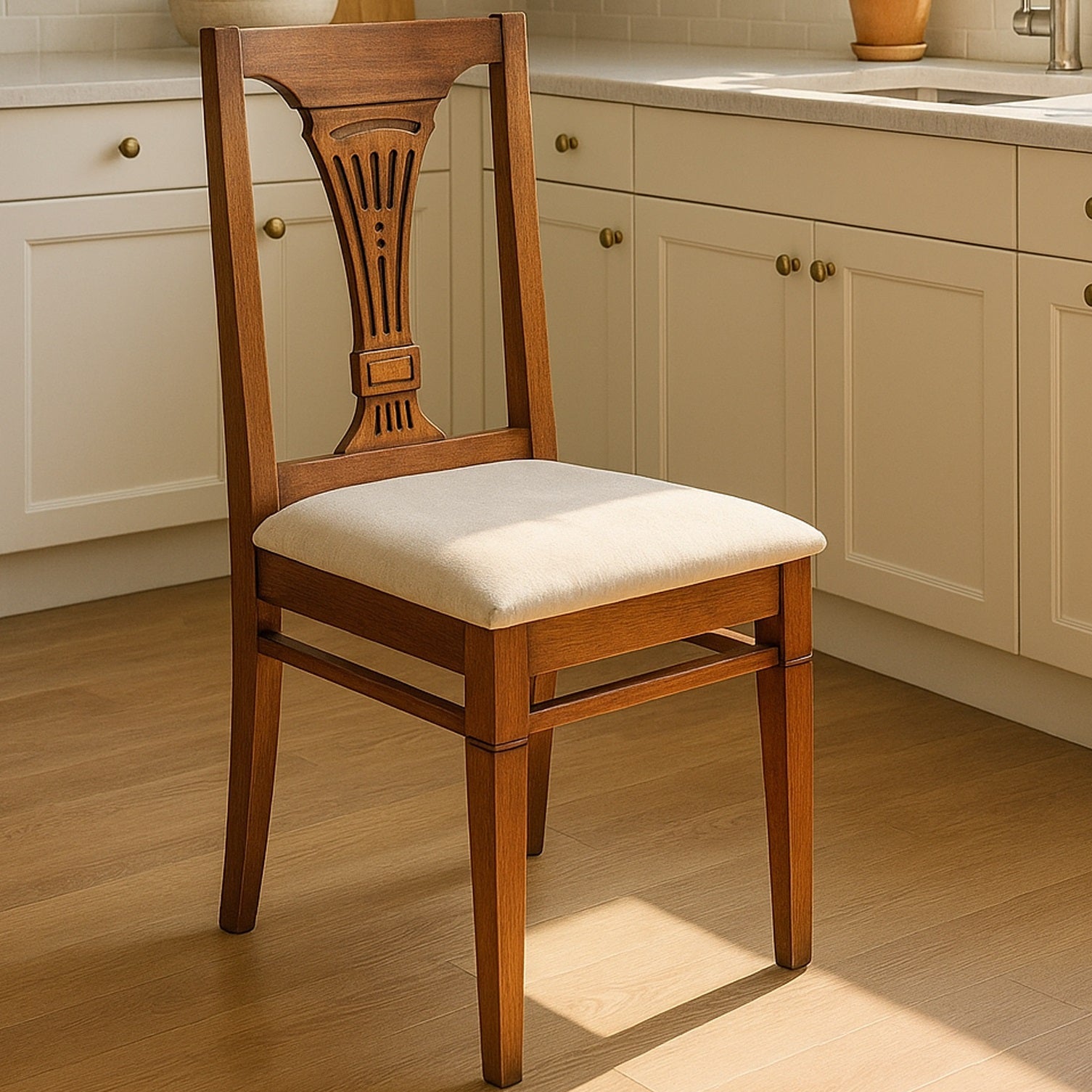 Wooden chair with a white cushion in a kitchen setting