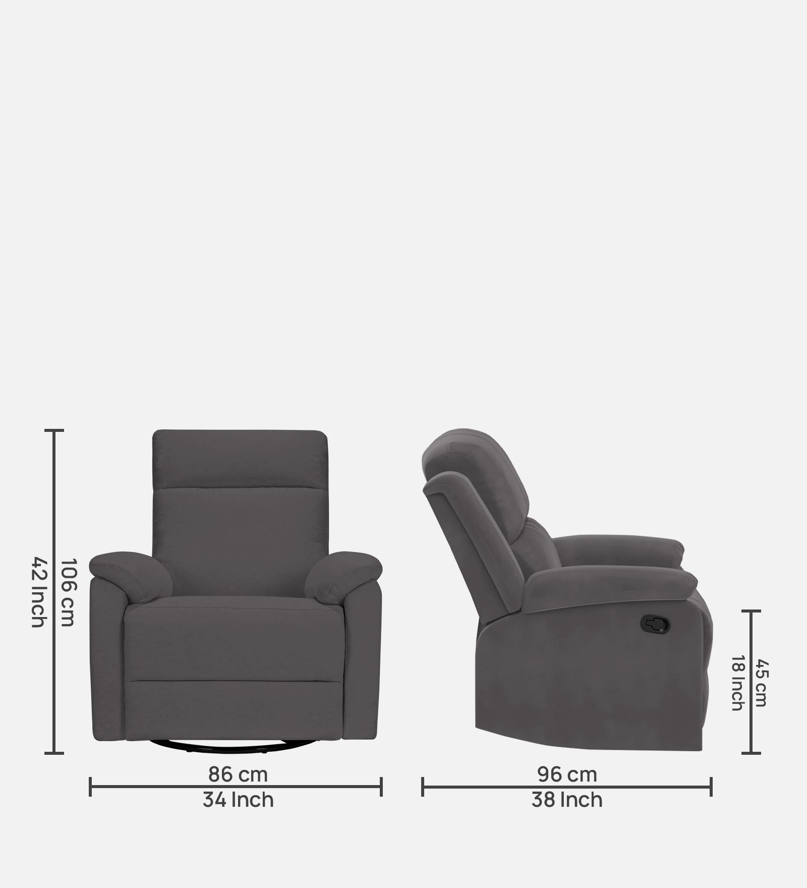 Mandy 1 Seater Motorized Fabric Recliner - Davy Grey - Dimensions by Febonic Living