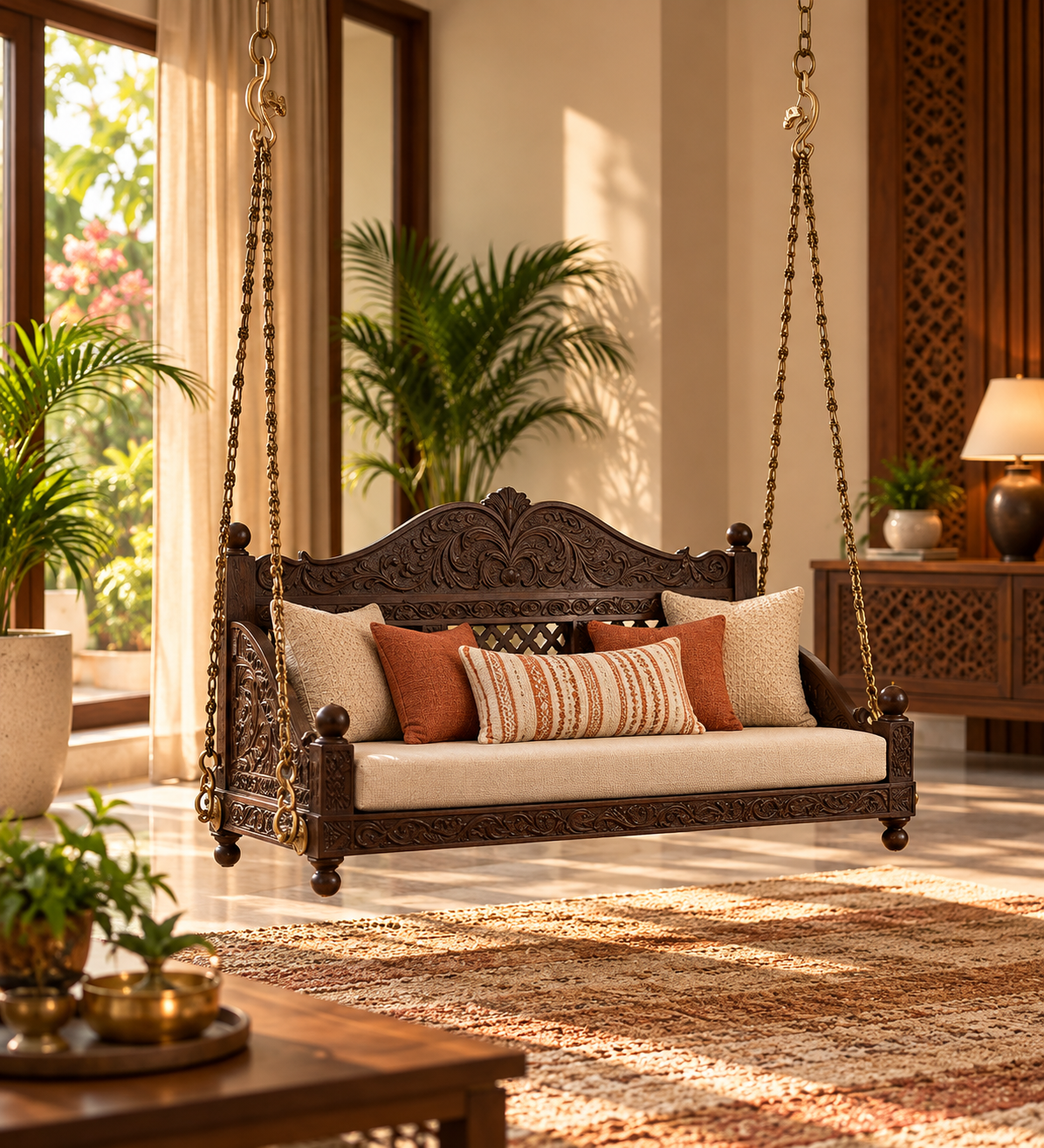 Mani Sheesham Wood Swing In Provincial Teak Finish