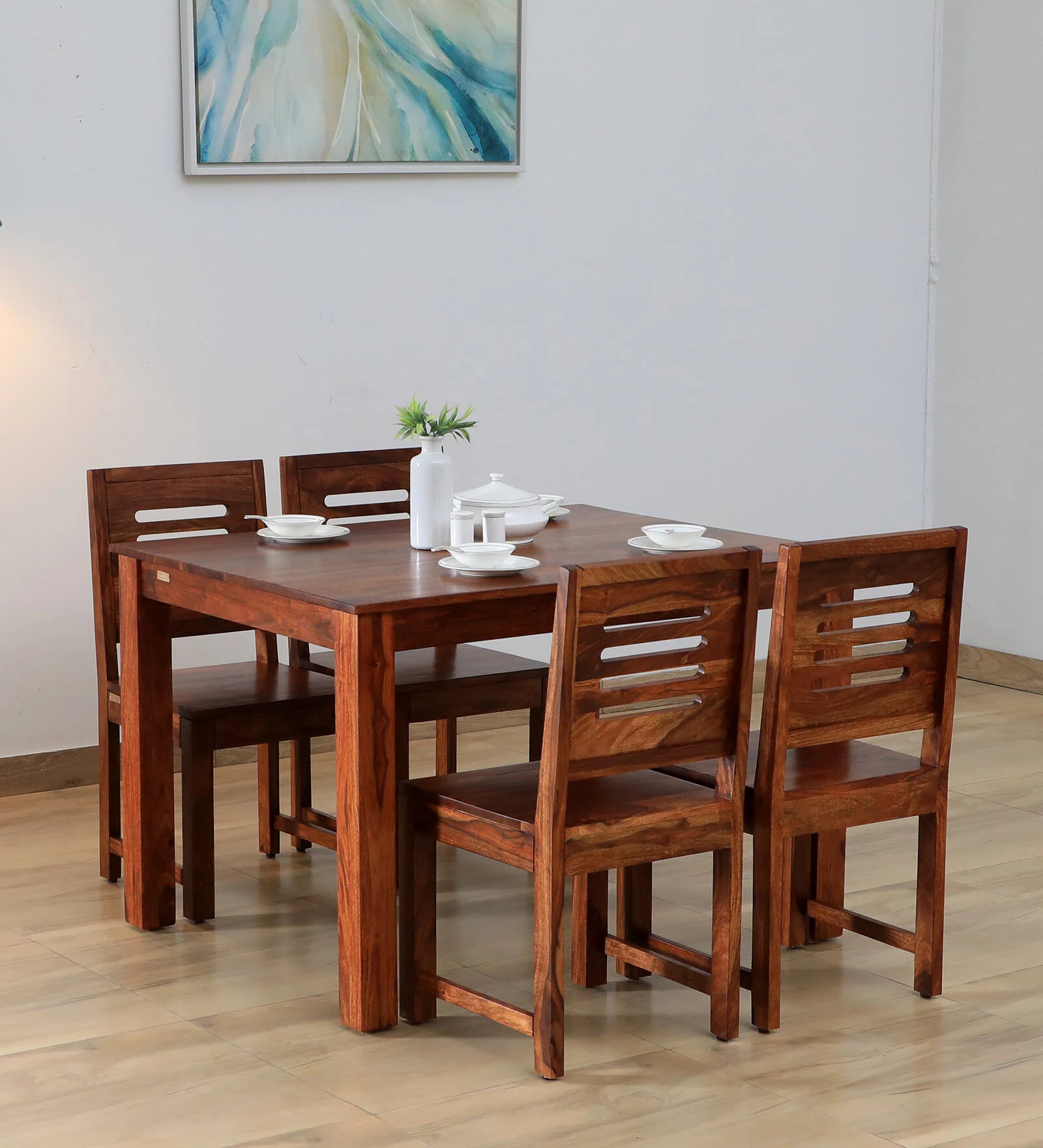 Ticky Sheesham Wood 4 Seater Dining Set In Scratch Resistant Honey Oak Finish - Febonic Living