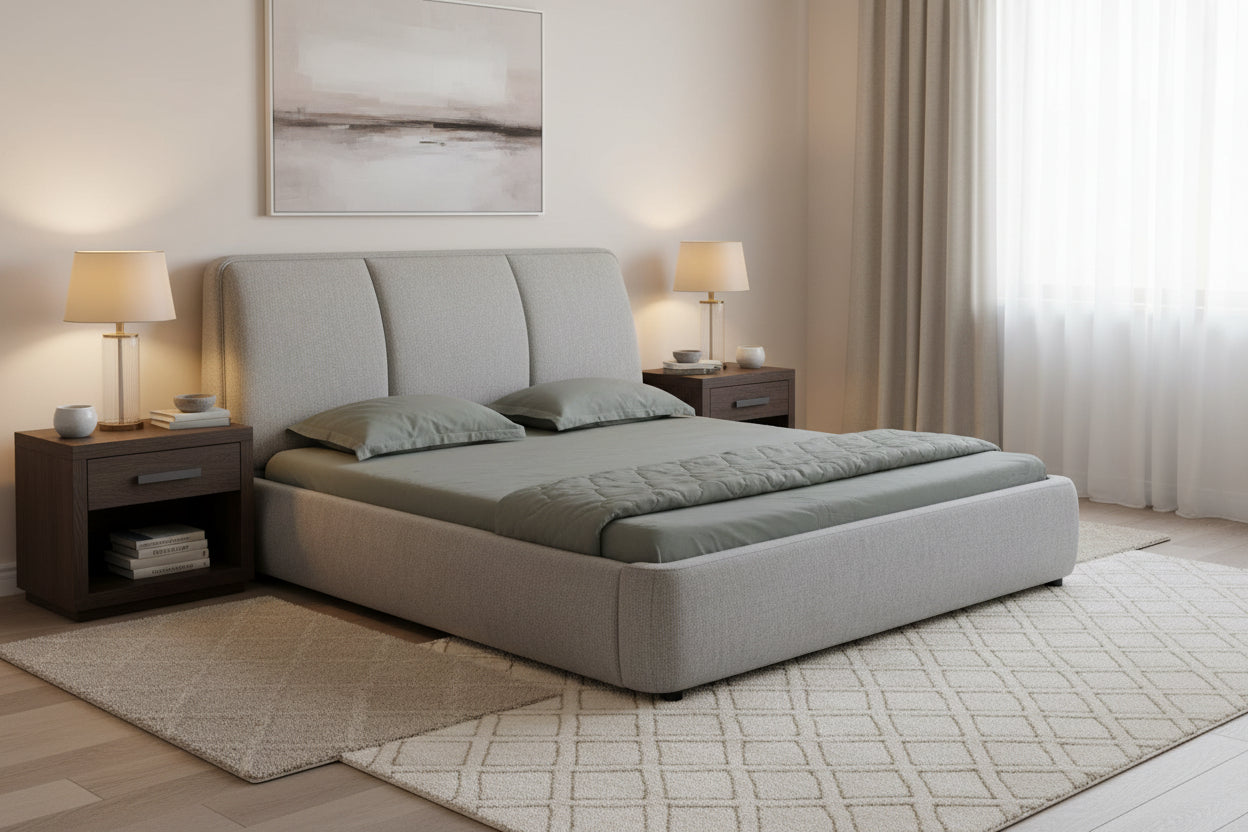 Marsa Fabric Upholstered King Size Bed In Lit Grey Colour
