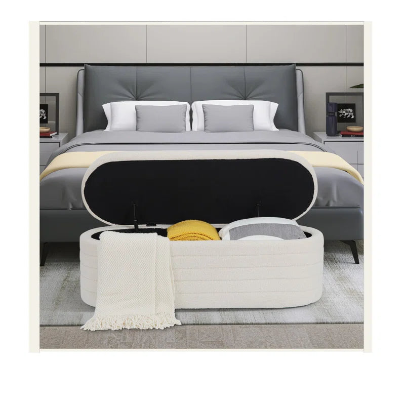 Grandy Boucle Fabric Ottoman In Bright White Colour With Storage - Febonic Living