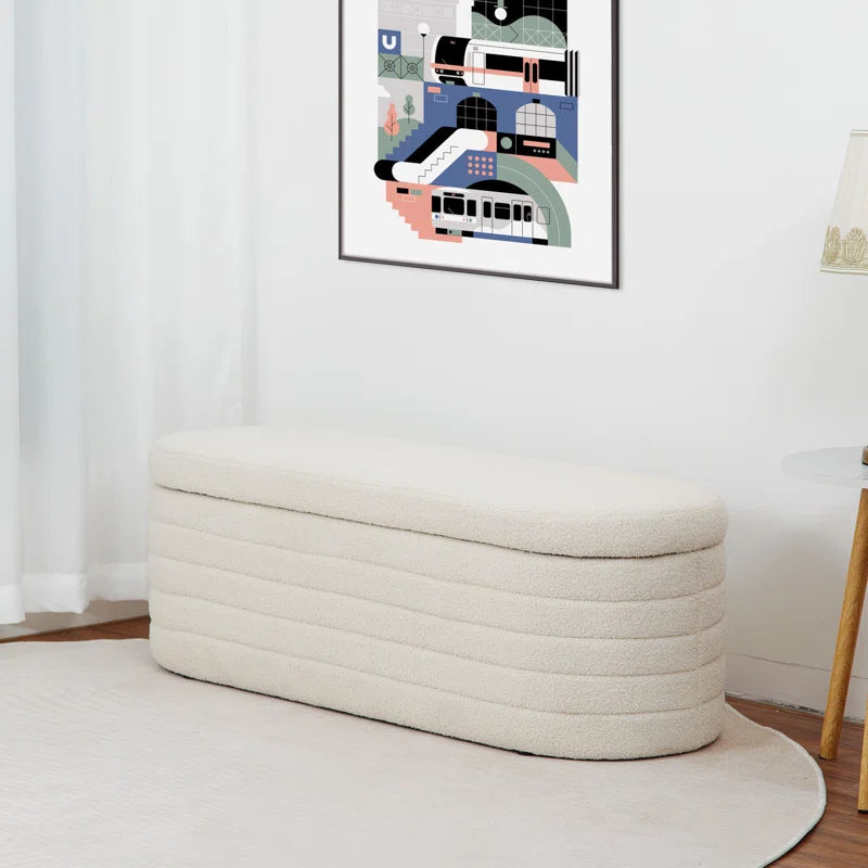 Grandy Boucle Fabric Ottoman In Bright White Colour With Storage - Febonic Living