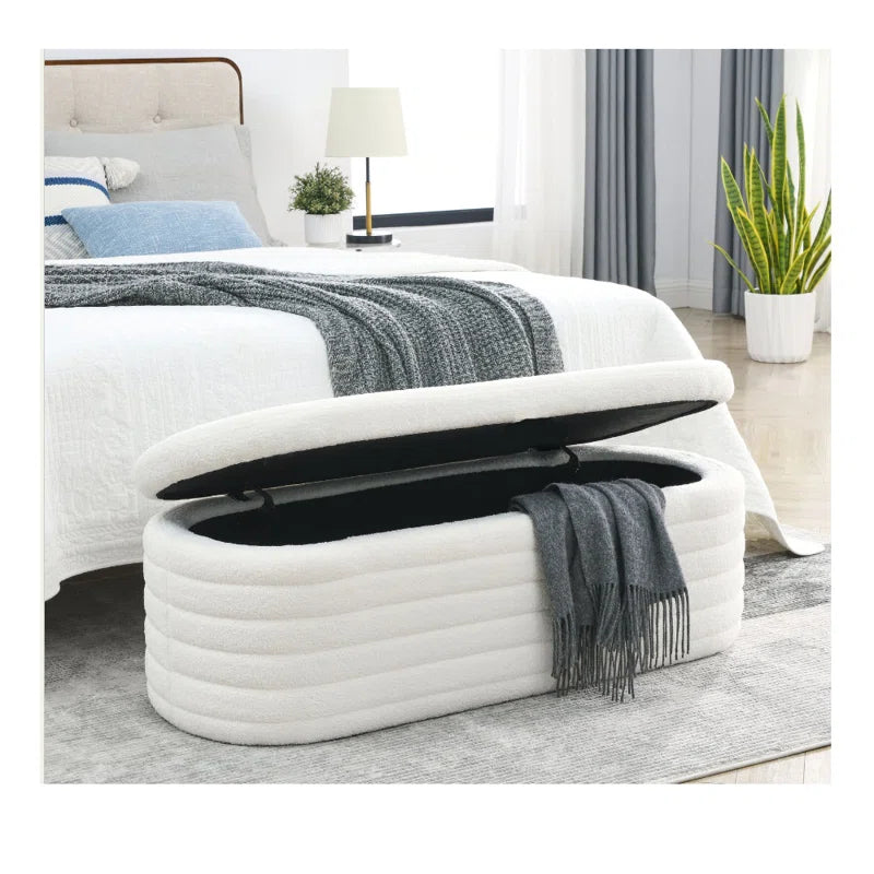 Grandy Boucle Fabric Ottoman In Bright White Colour With Storage - Febonic Living