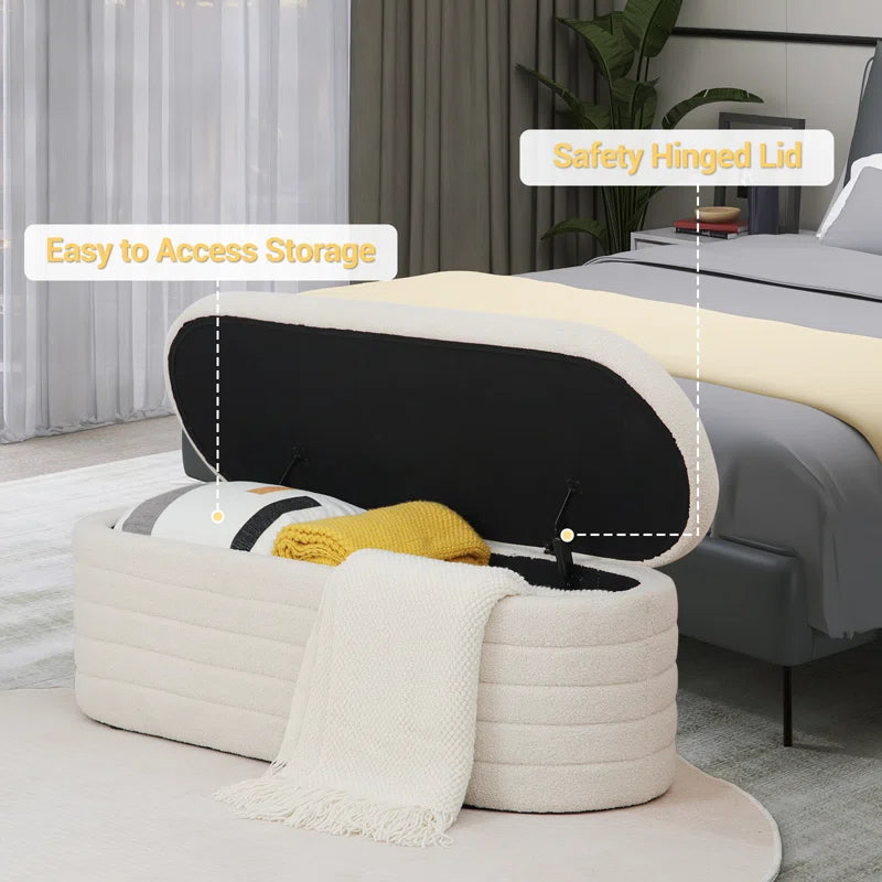 Grandy Boucle Fabric Ottoman In Bright White Colour With Storage - Febonic Living