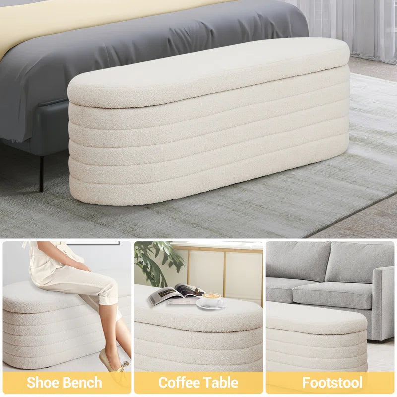 Grandy Boucle Fabric Ottoman In Bright White Colour With Storage - Febonic Living