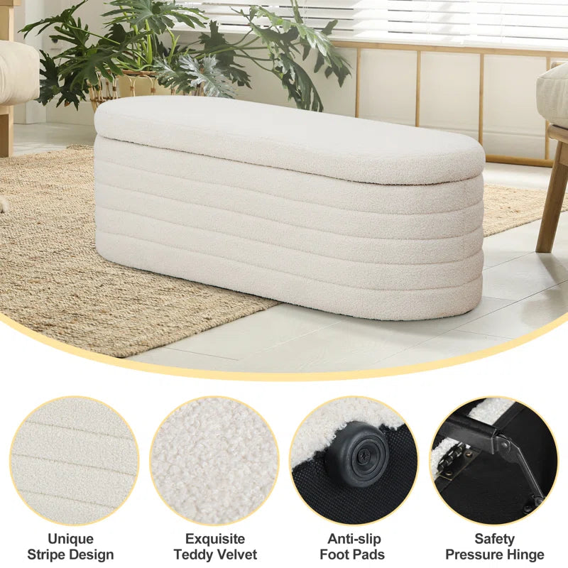 Grandy Boucle Fabric Ottoman In Bright White Colour With Storage - Febonic Living