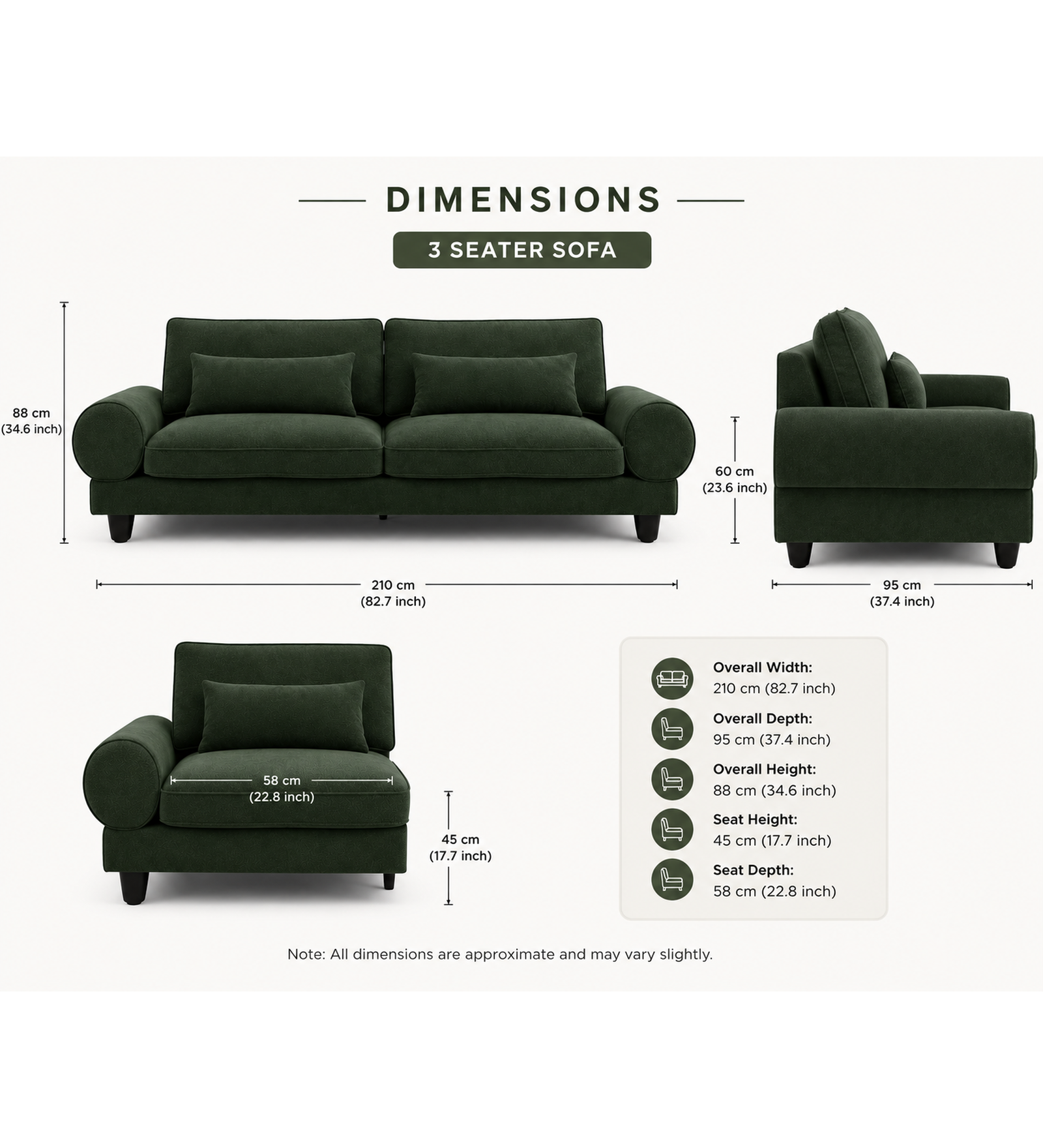 Megan 3 Seater Sofa Dark Green - Dimensions by Febonic Living