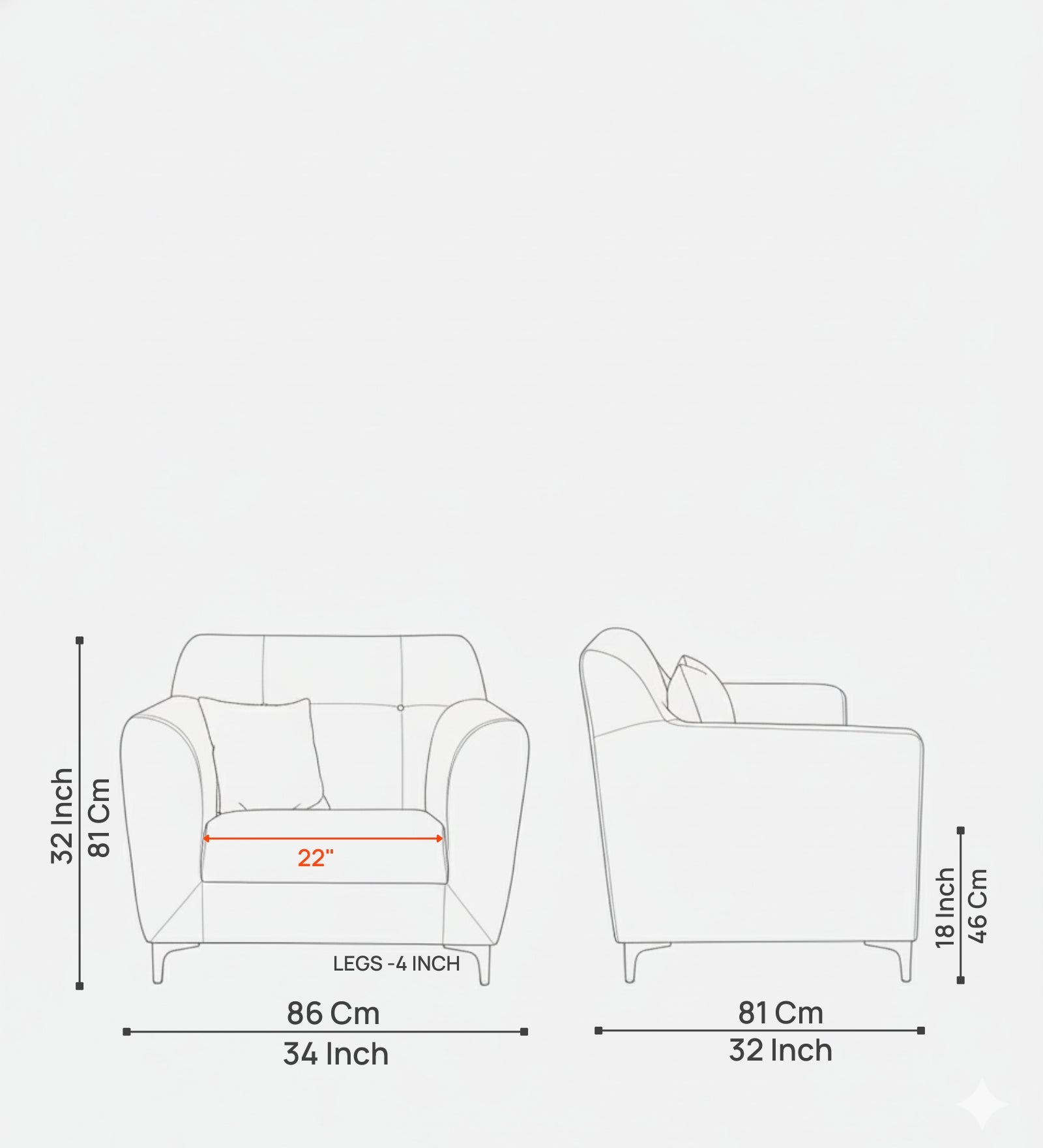 Melaan Fabric 1 Seater Sofa In Ivory cream Colour