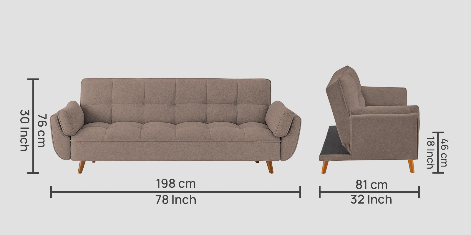 Melano Fabric 3 Seater Convertible Sofa Cum Bed In Kadhi Beige Colour