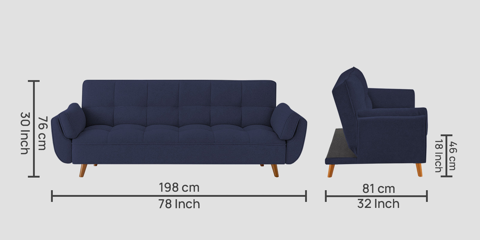 Melano Fabric 3 Seater Convertible Sofa Cum Bed In Slate Blue Colour