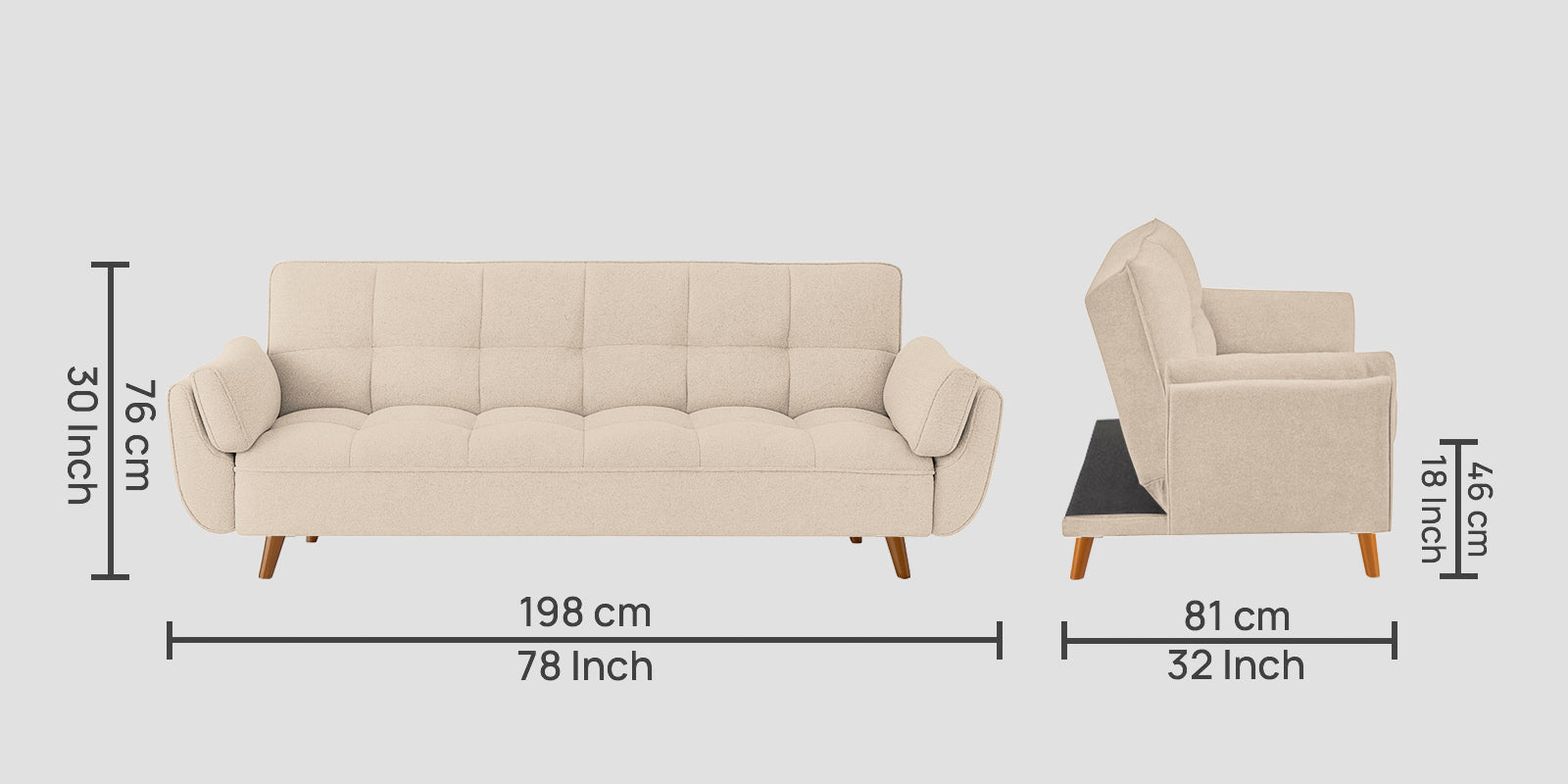 Melano Fabric 3 Seater Convertible Sofa Cum Bed In Woom Beige Colour