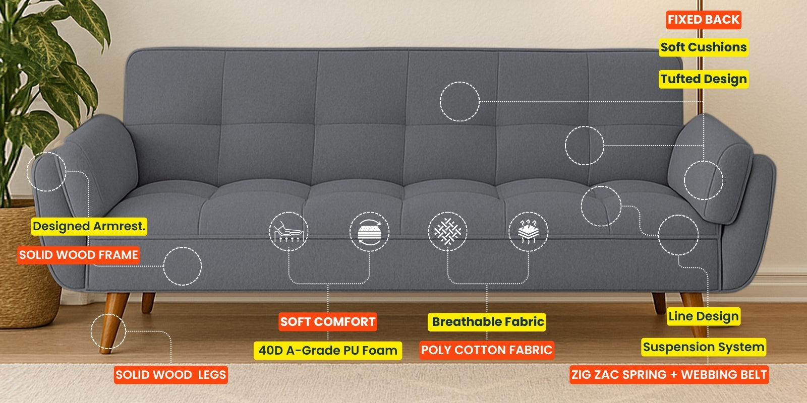 Melano Fabric 3 Seater Sofa In Vanilla Beige Colour