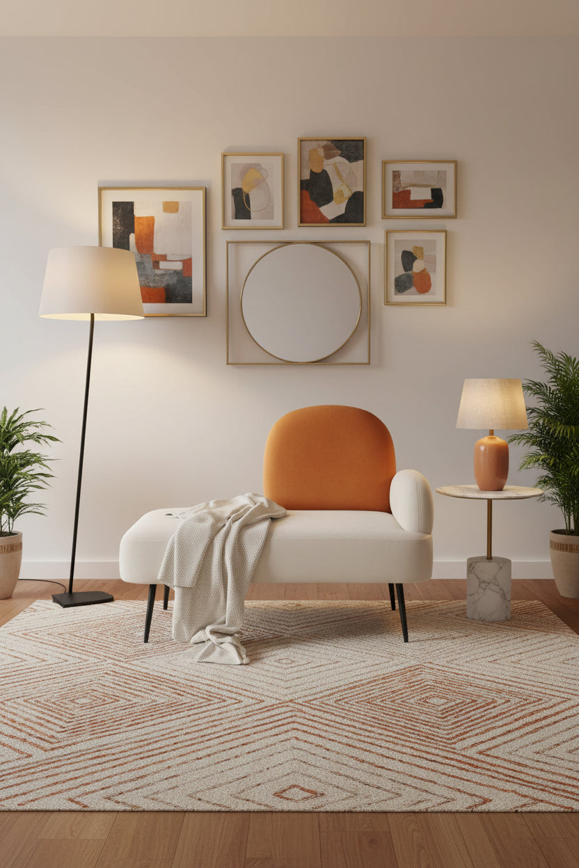 Minch Velvet LHS Chaise Lounger In Warm White And Yam Orange Colour