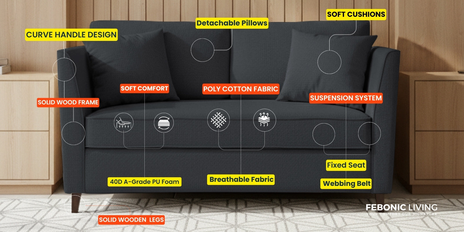 Miranda Fabric 2 Seater Sofa In Royal Blue Colour