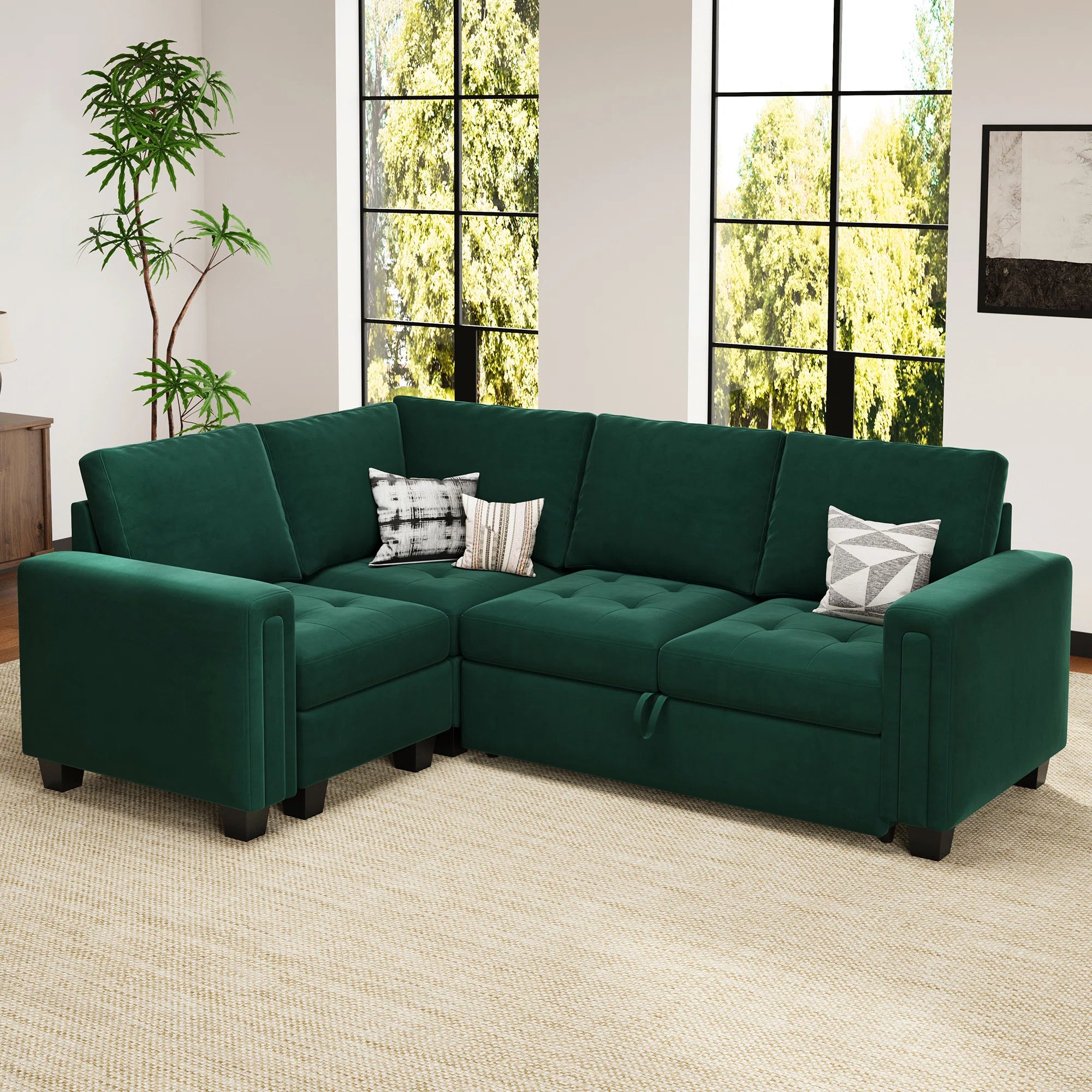 Miro Velvet 4 Seater Pull Out Sofa Cum Bed In Amazon Green Colour
