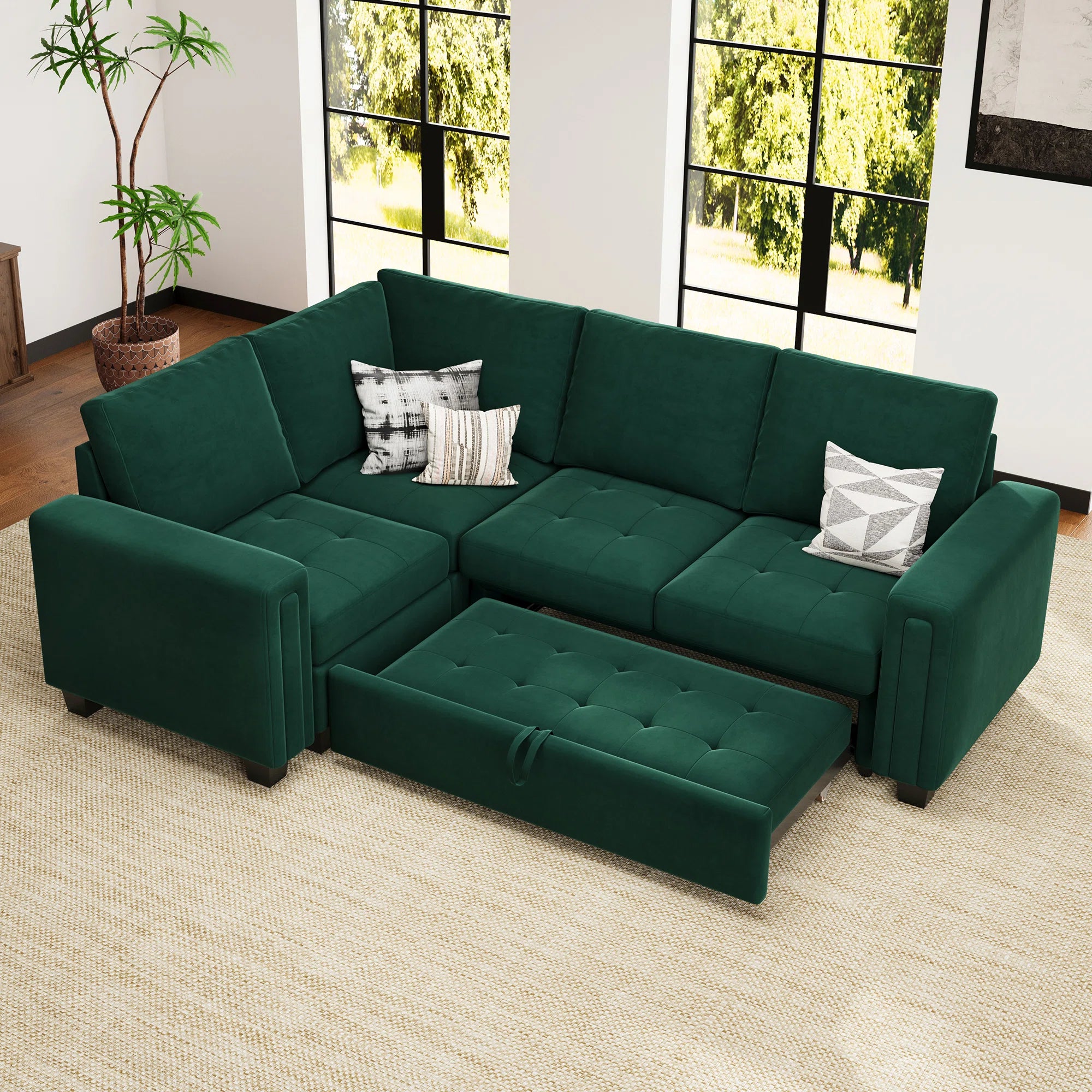 Miro Velvet 4 Seater Pull Out Sofa Cum Bed In Amazon Green Colour