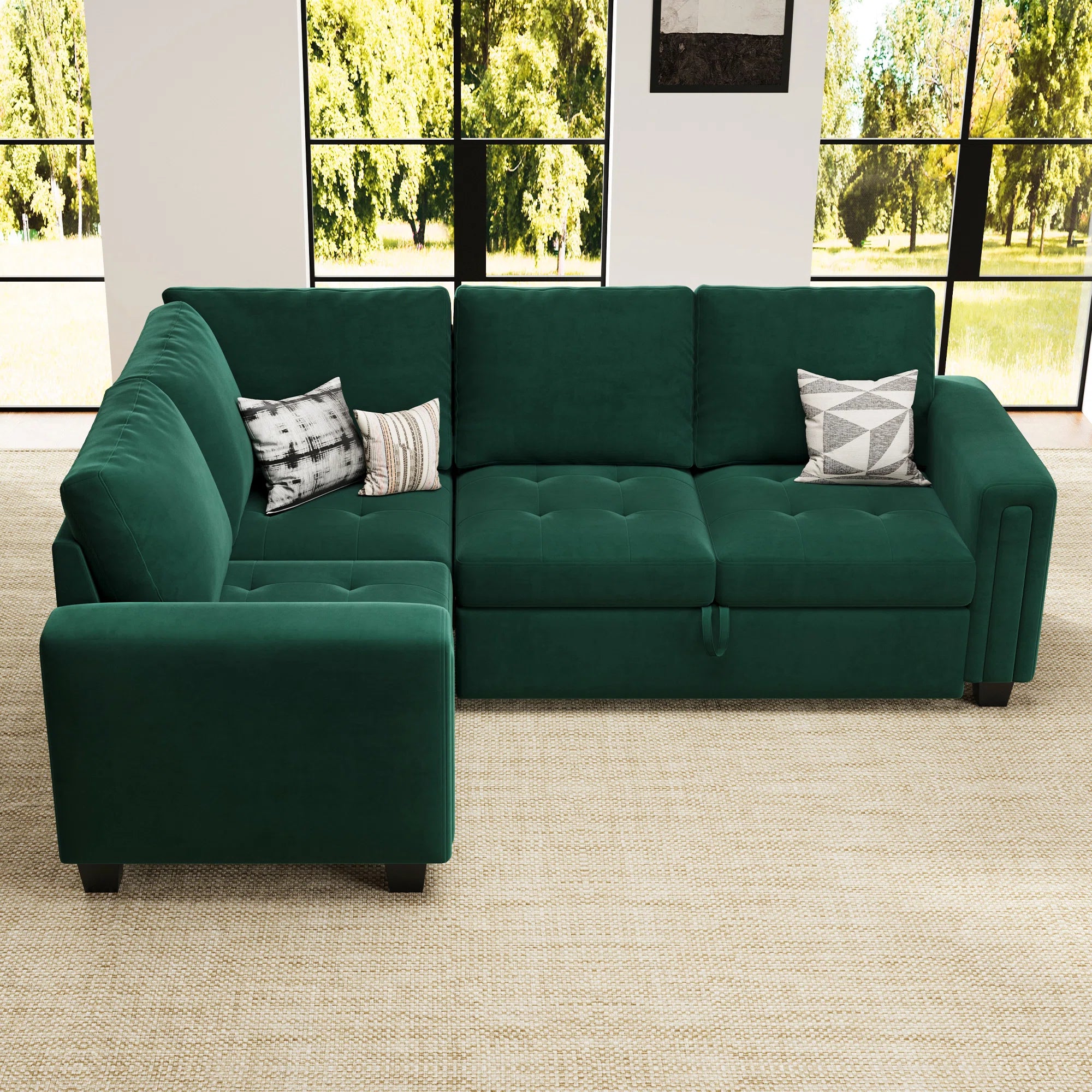 Miro Velvet 4 Seater Pull Out Sofa Cum Bed In Amazon Green Colour