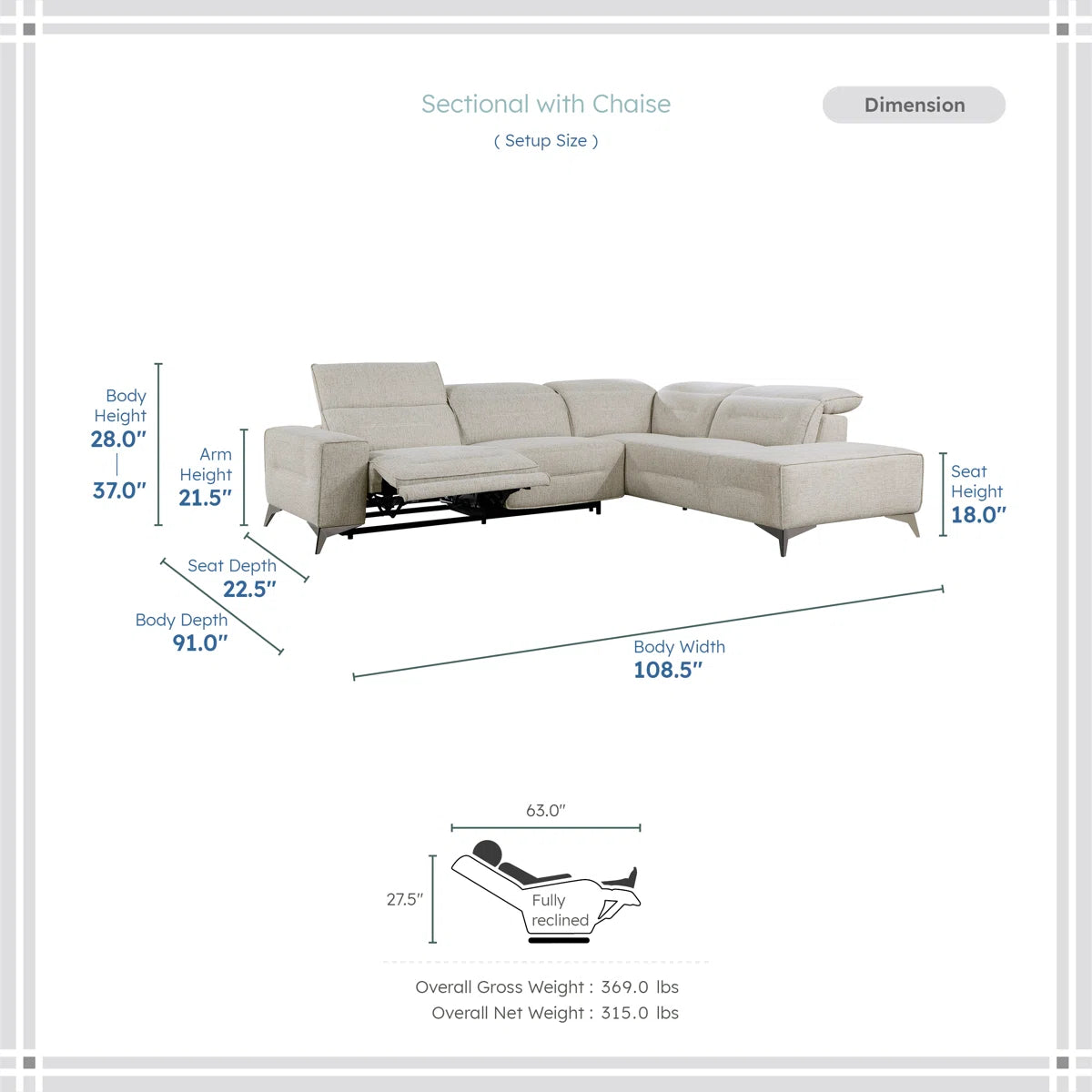 Modela 5 Seater Corner Sofa With Recliner - Light Grey - Dimensions by Febonic Living