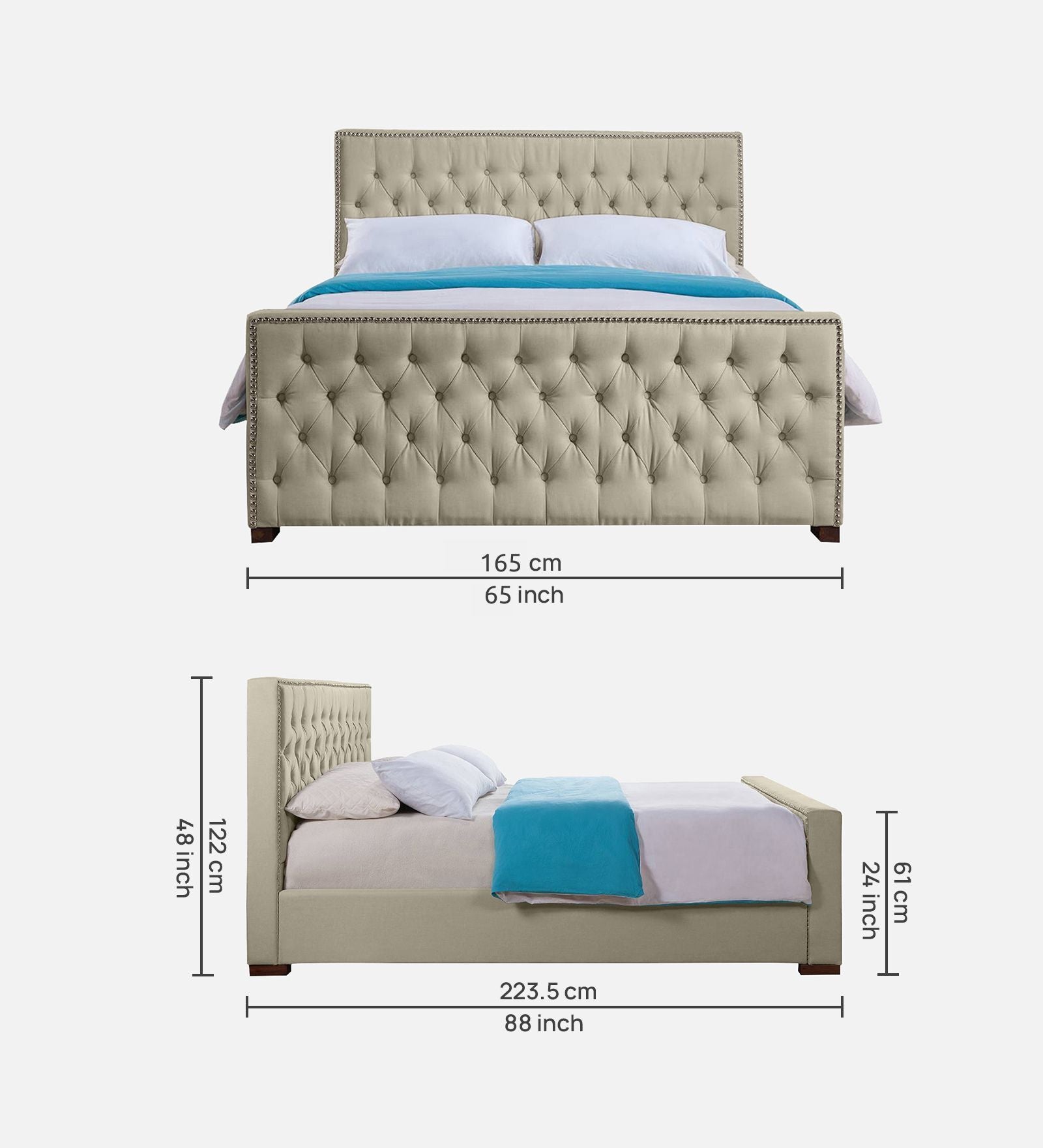 Mogra Fabric Upholstered Queen Size Bed In Ash Grey Colour