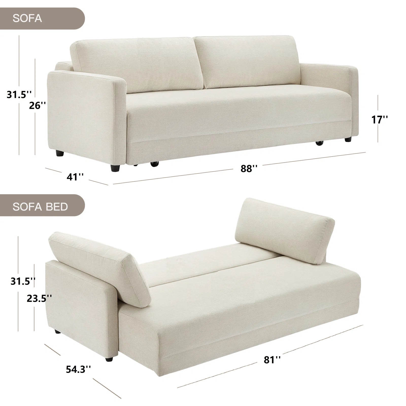 Leora Fabric 3 Seater Pull Out Sofa Cum Bed In Ivory Cream Colour - Febonic Living