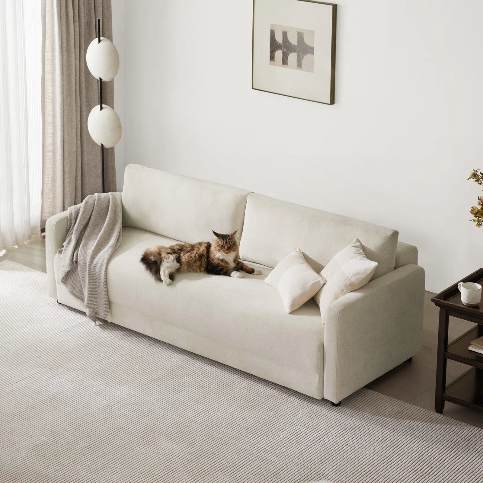 Leora Fabric 3 Seater Pull Out Sofa Cum Bed In Ivory Cream Colour - Febonic Living