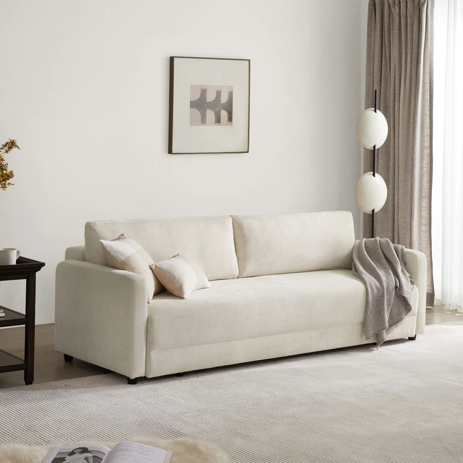 Leora Fabric 3 Seater Pull Out Sofa Cum Bed In Ivory Cream Colour - Febonic Living