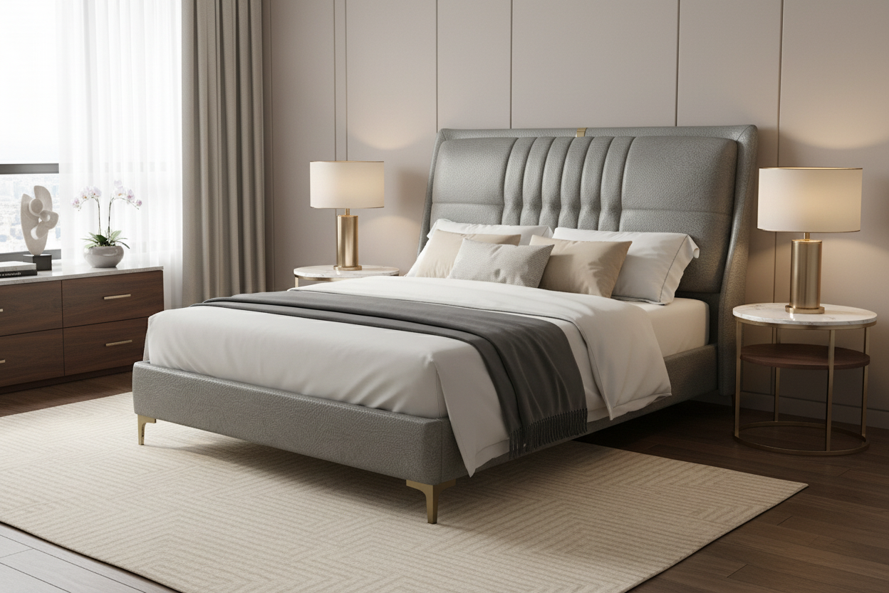 Mosila Upholstered Leatherette Queen Size Bed - Steel Grey (Hydraulic Storage)