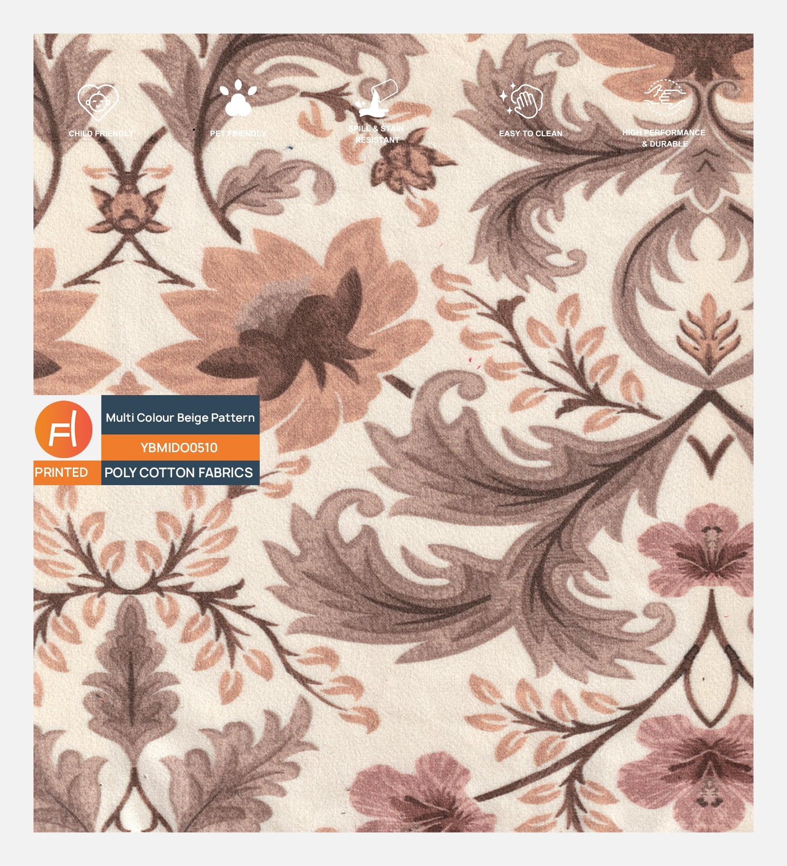 Velvet Digital Printed Fabric Multi Colour Beige 510 Code - Febonic Living
