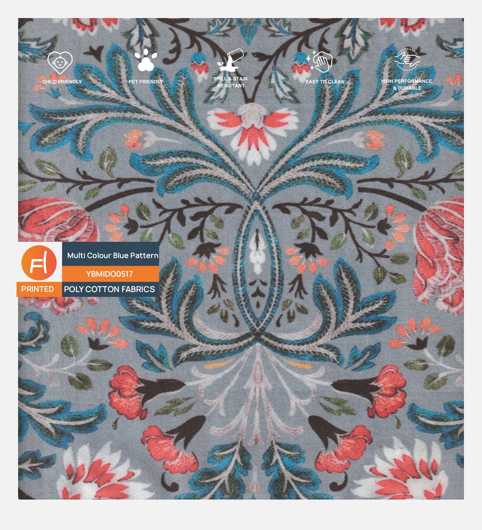 Velvet Digital Printed Fabric Multi Colour Blue 517 Code - Febonic Living