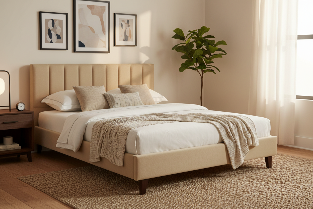 Myron Velvet Upholstered Queen Size Bed In Camel Beige Colour - Febonic Living