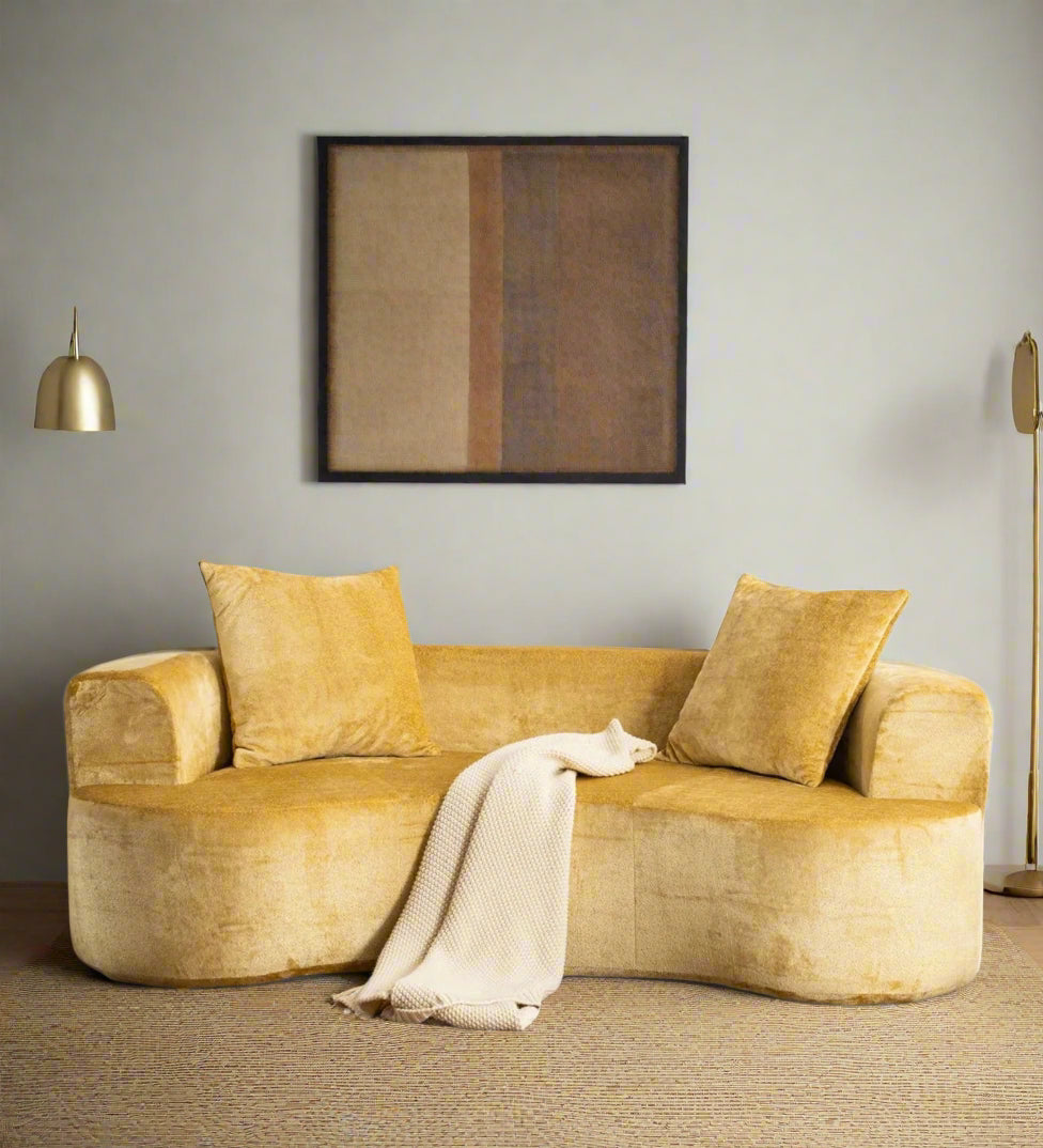 Navel Velvet 3 Seater Curved Sofa In Turmeric Yellow Colour