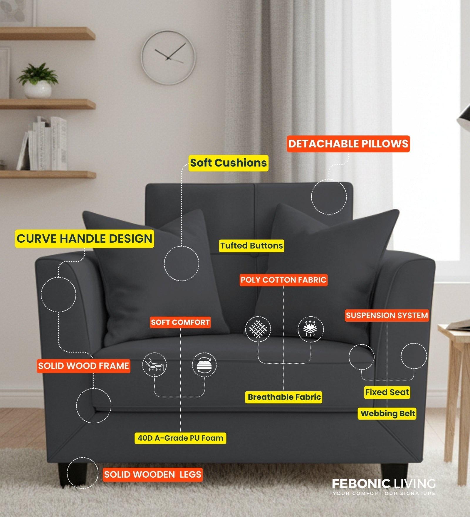 Nestin Velvet 1 Seater Sofa In Mocha Brown Colour - Febonic Living