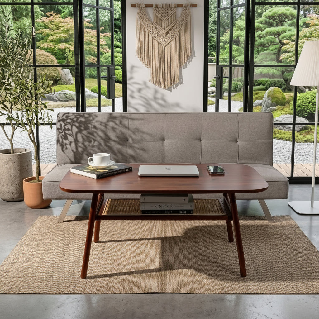 Nestique Sheesham Wood Coffee Table with Rattan Shelf-Front Image