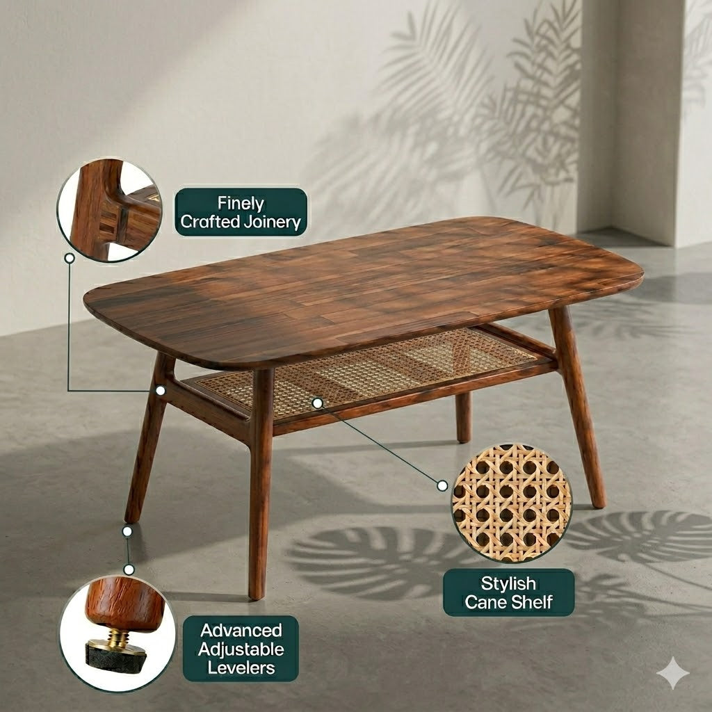 Nestique Sheesham Wood Coffee Table with Rattan Shelf- Appealing